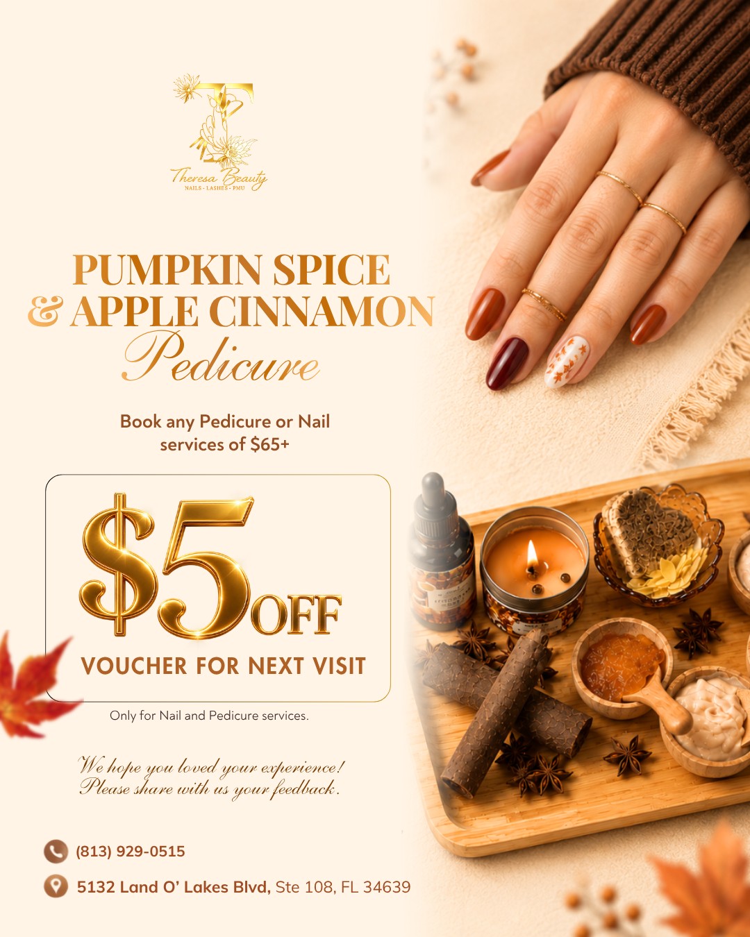 Theresa Beauty Fall Pedicure - Pumpkin Spice and Apple Cinnamon - $5 off voucher for your next visit