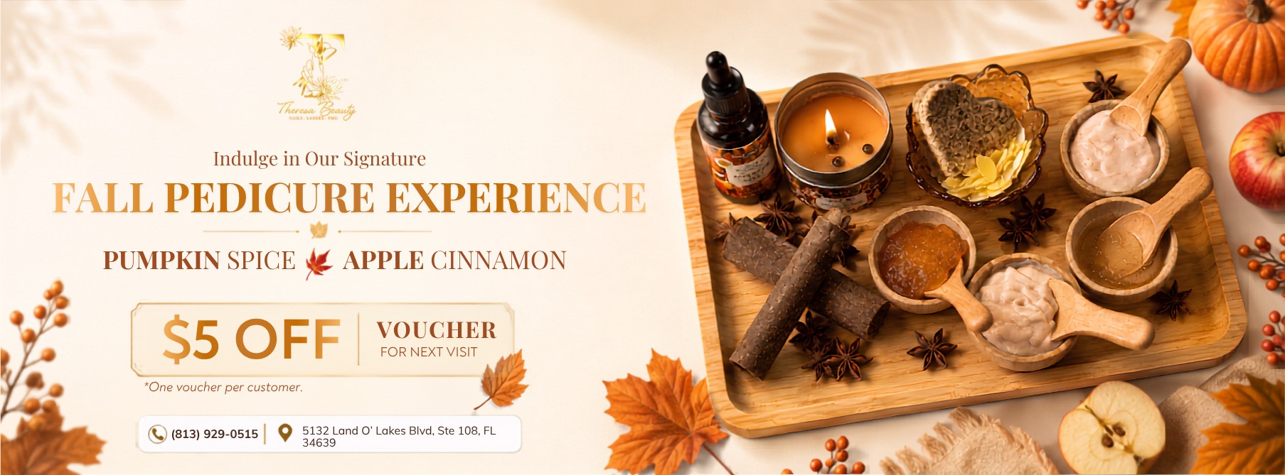 Theresa Beauty Fall Pedicure - Pumpkin Spice and Apple Cinnamon - $5 off voucher for your next visit