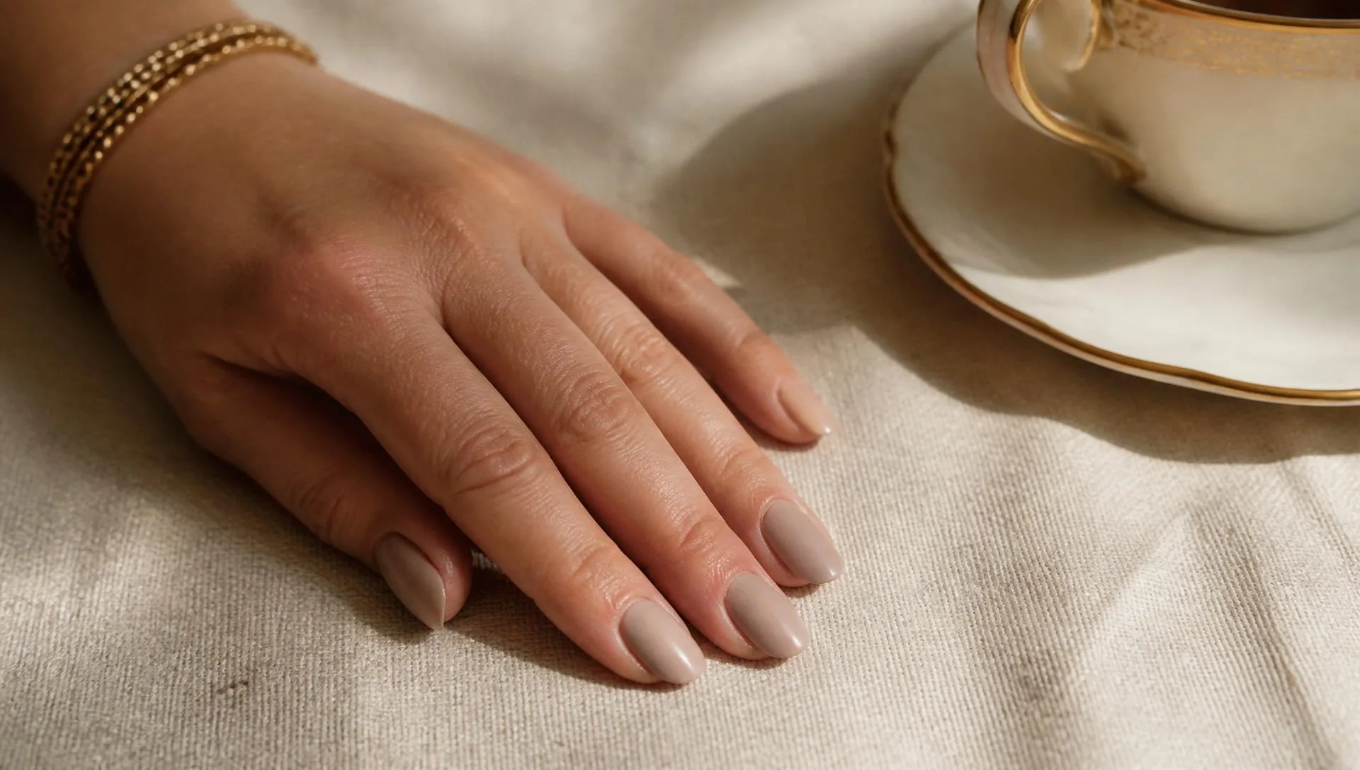 Champagne-nude manicure next to a gold-rimmed teacup